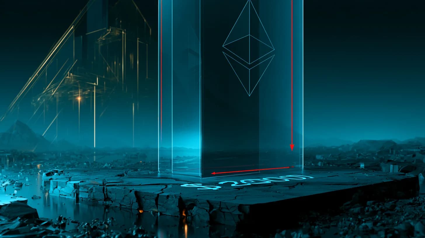 Ethereum logo as a glass pillar standing on a cracked platform labeled 2000 dollars, with institutional architecture and a…