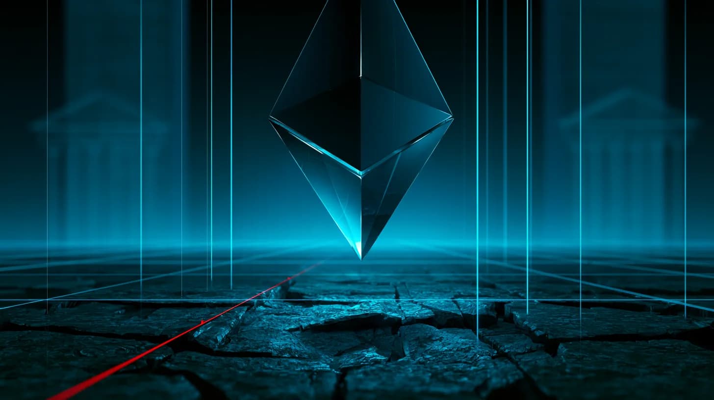 Ethereum logo as a dark glass diamond suspended above a cracked trading floor with institutional towers in the background…