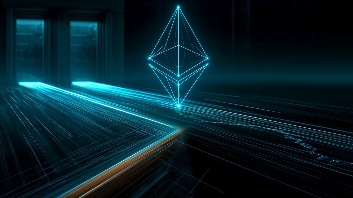 Ethereum logo suspended above a trading floor with diverging light streams representing the split between institutional…