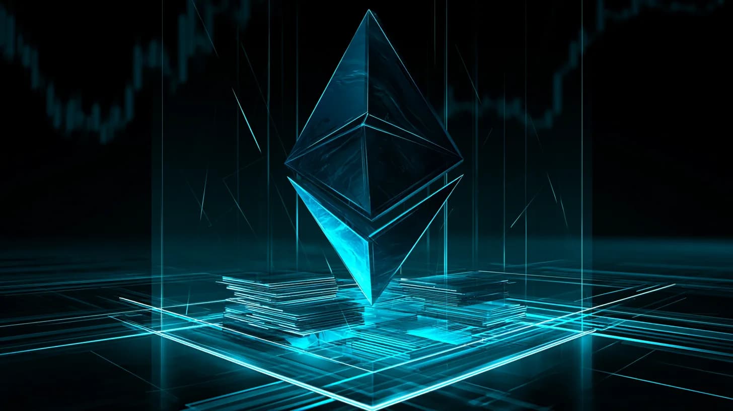Ethereum logo above a vault of staked tokens with candlestick chart projections in the background