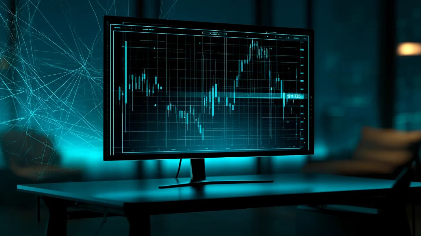Trading desk monitor displaying an Ethereum price chart at the $1,725 level with a faint validator node diagram reflected…