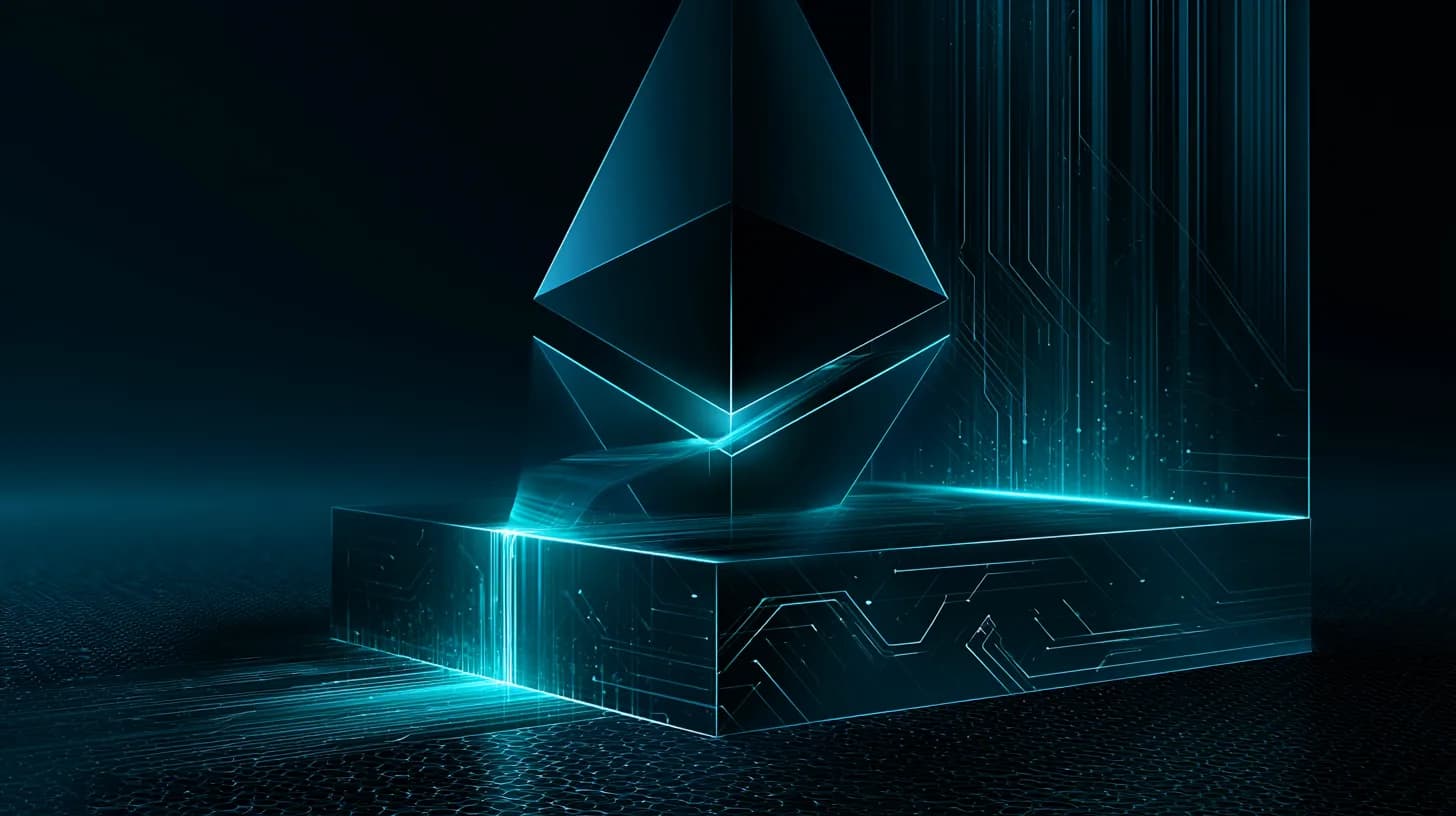 Ethereum logo with a 10% wedge of glowing teal liquid flowing into a separate reservoir, dark navy background