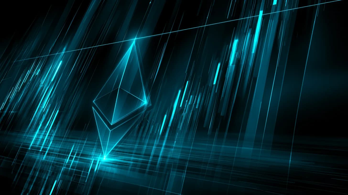 Stylized Ethereum logo over an abstract candlestick chart pressing against a thin horizontal resistance line in dark blue…