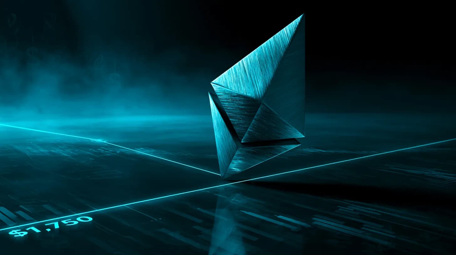 Ethereum logo balanced on a glowing $1,750 support line against a dark trading-chart background, illustrating the critical…