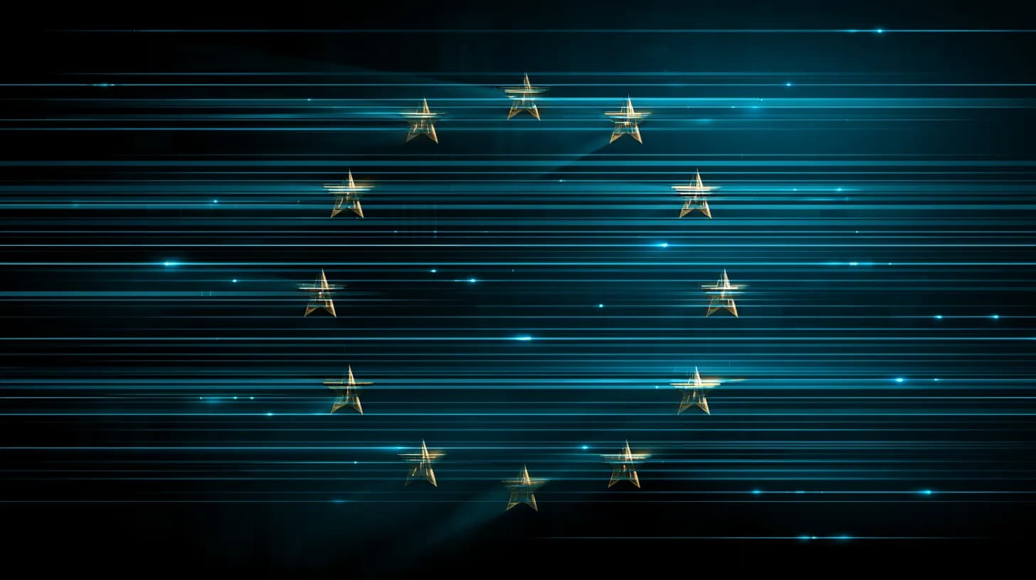 EU flag depicted as a server rack with star-shaped data ports, US tech silhouettes fading in the background