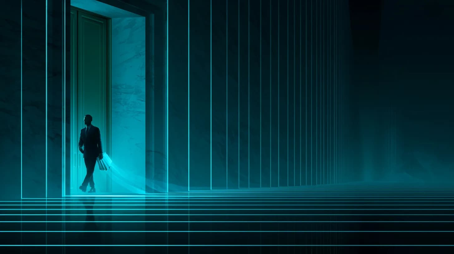 Banker carries glowing loan files from Federal Reserve lobby into a dim alley of unmarked private offices