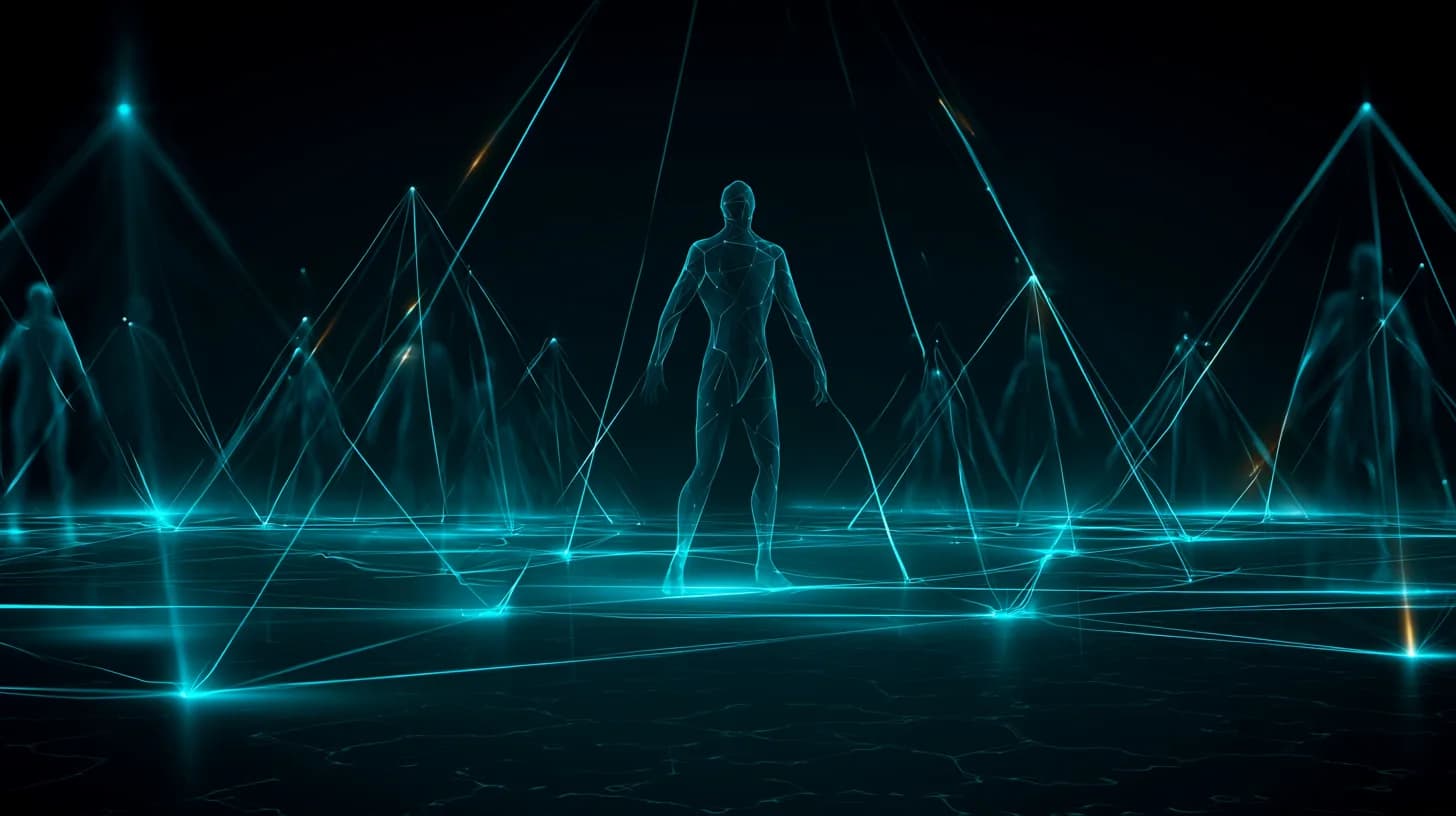 Central AI agent figure linked to a network of smaller agent nodes on a dark navy grid