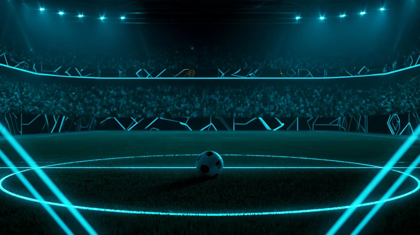 Floodlit football stadium at dusk with glowing perimeter LED boards and a ball on the center circle