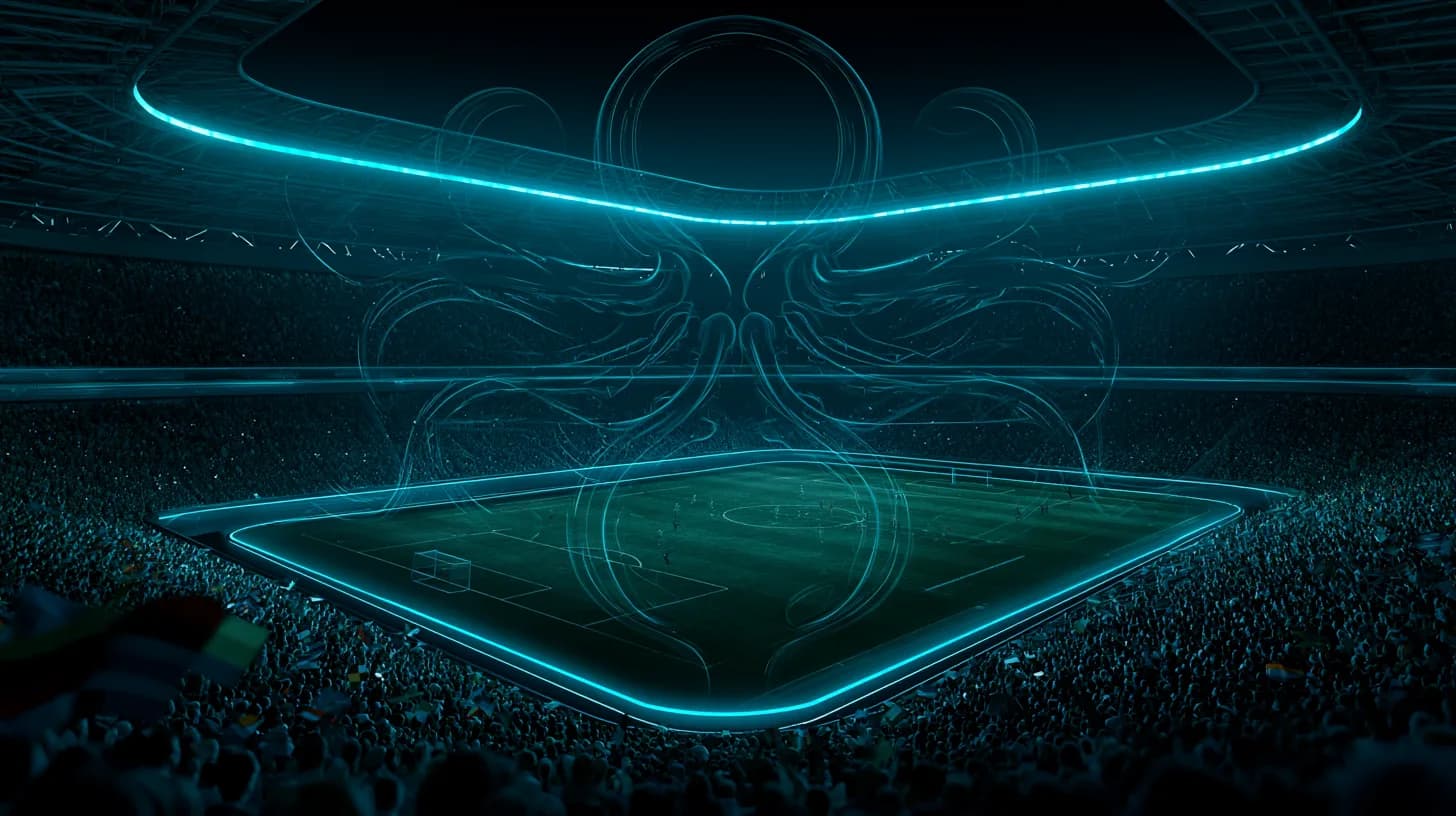 FIFA World Cup 2026 stadium at golden hour with Kraken crypto sponsorship branding on LED perimeter boards
