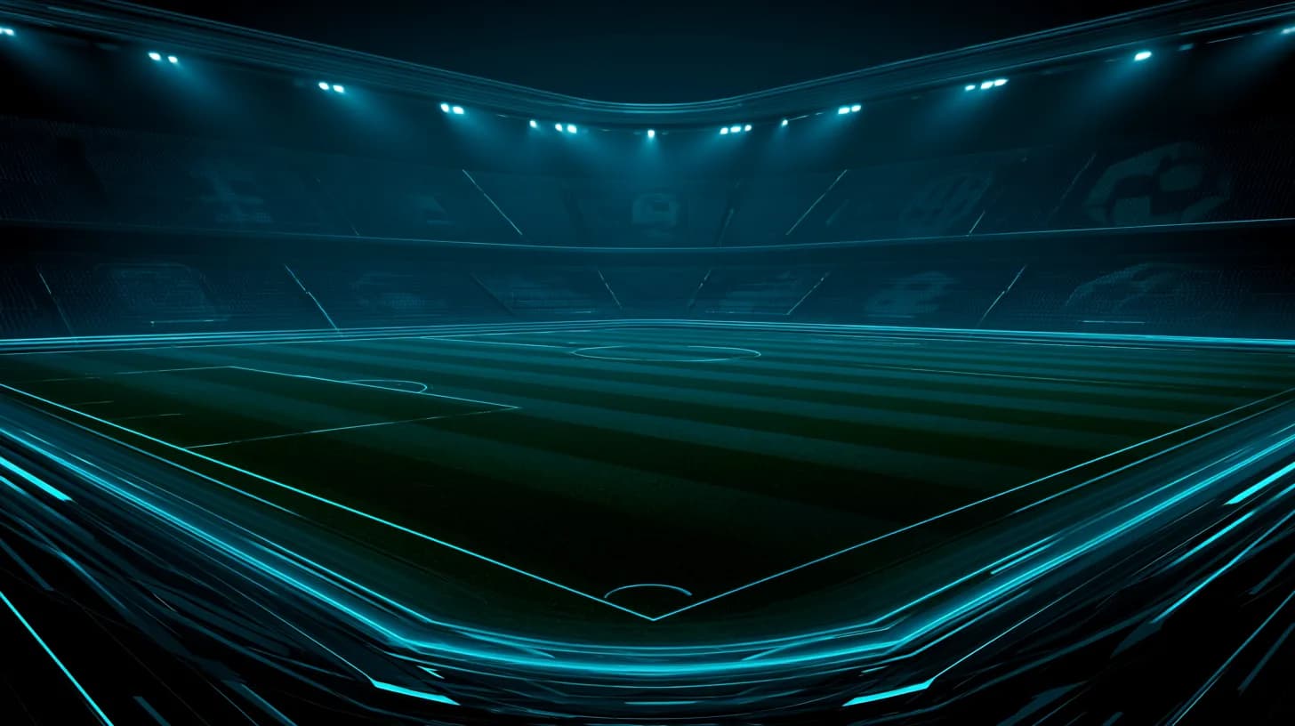 Empty World Cup stadium at dusk with faint holographic crypto sponsor logos projected on the stands