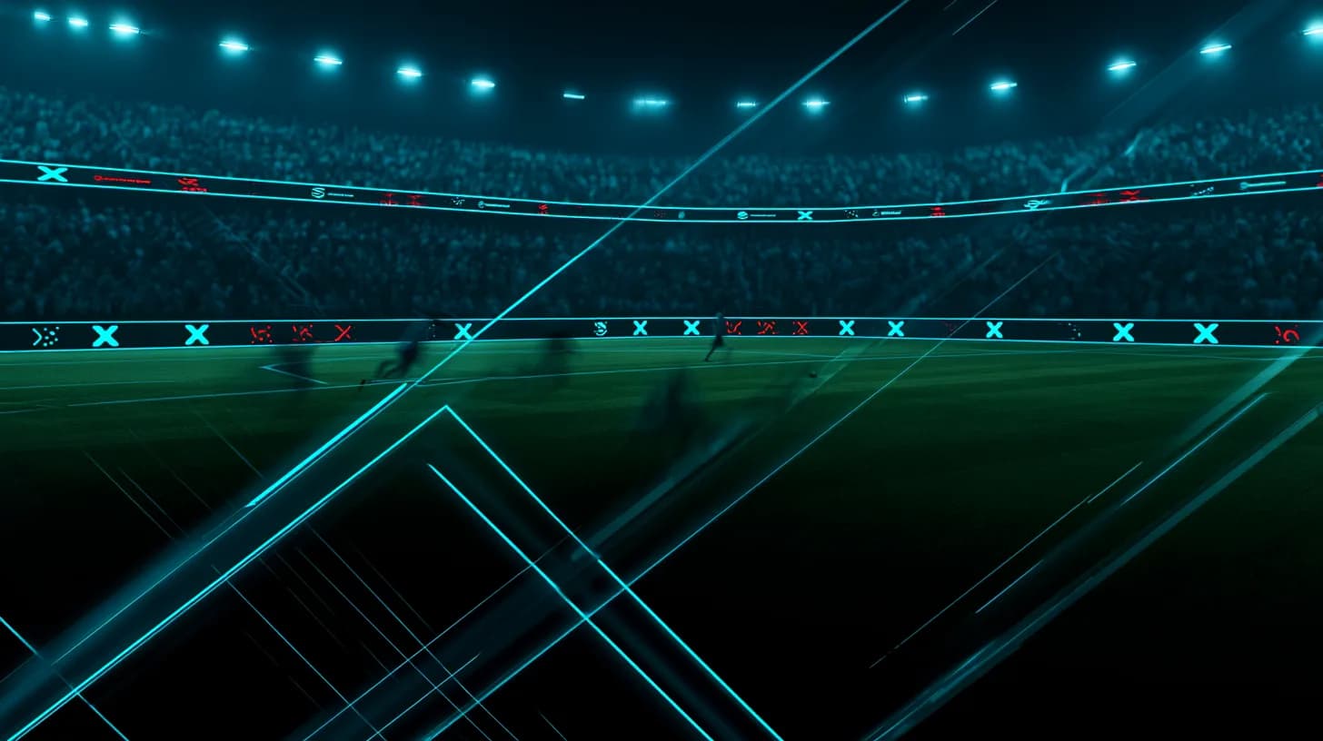 Pitchside LED boards display crypto exchange branding during a packed World Cup match in Dallas stadium at night