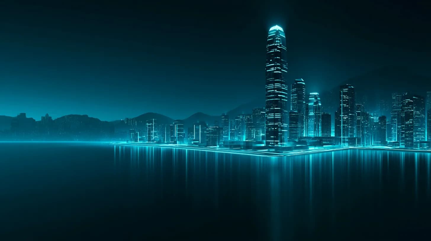 Hong Kong skyline at dusk with IFC towers lit up over Victoria Harbour