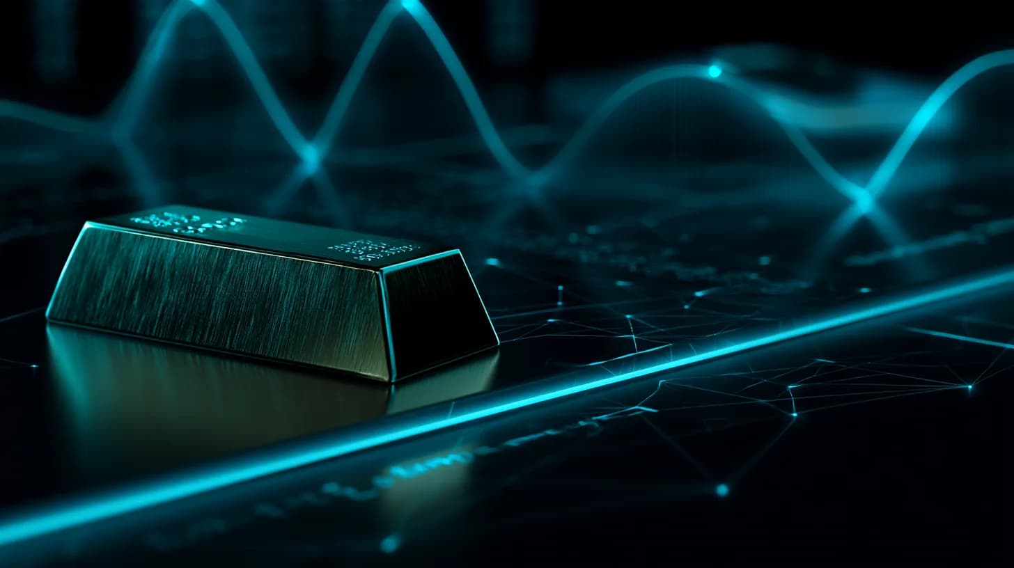 Gold bar tipping off a dark trading desk under cool blue light, signaling capital rotation away from bullion