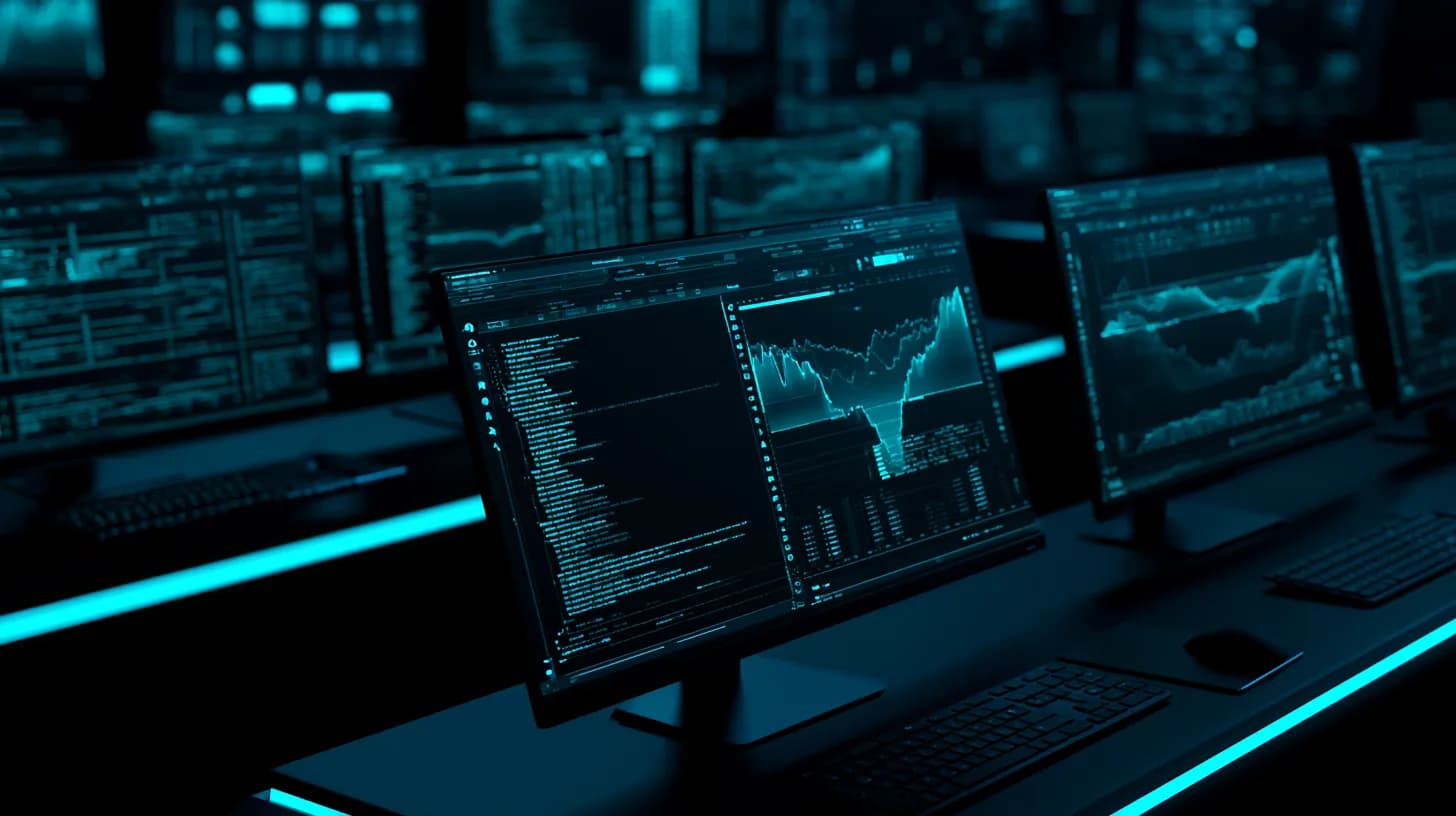 Empty quant trading desk with monitors displaying source code and order book charts in dim office