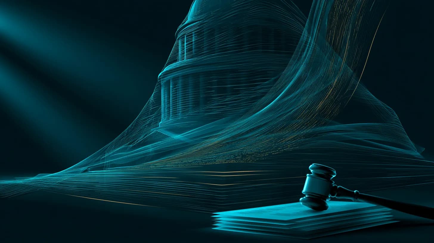 U.S. Capitol dome with rising lines of open-source code and a gavel on printed filings