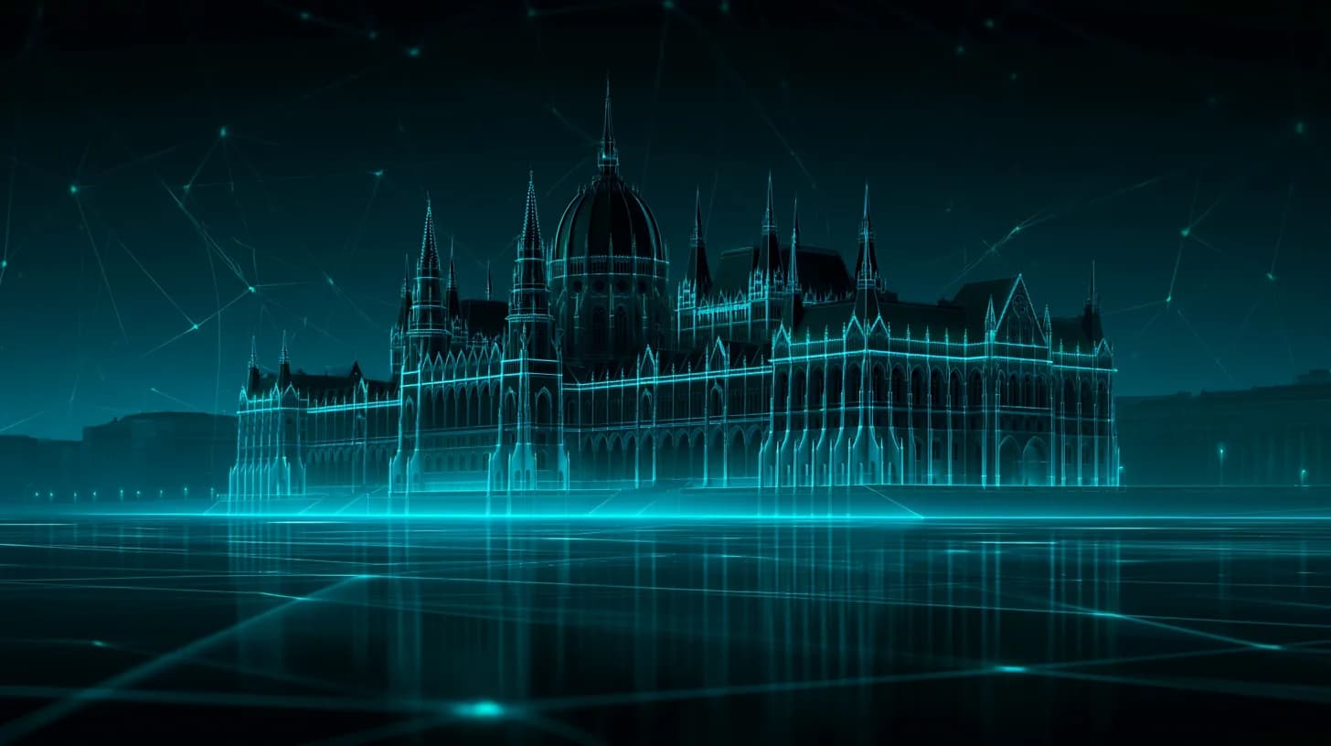 Hungarian Parliament in Budapest at dusk with a subtle blockchain overlay illustrating the NVVH crypto asset recovery bill