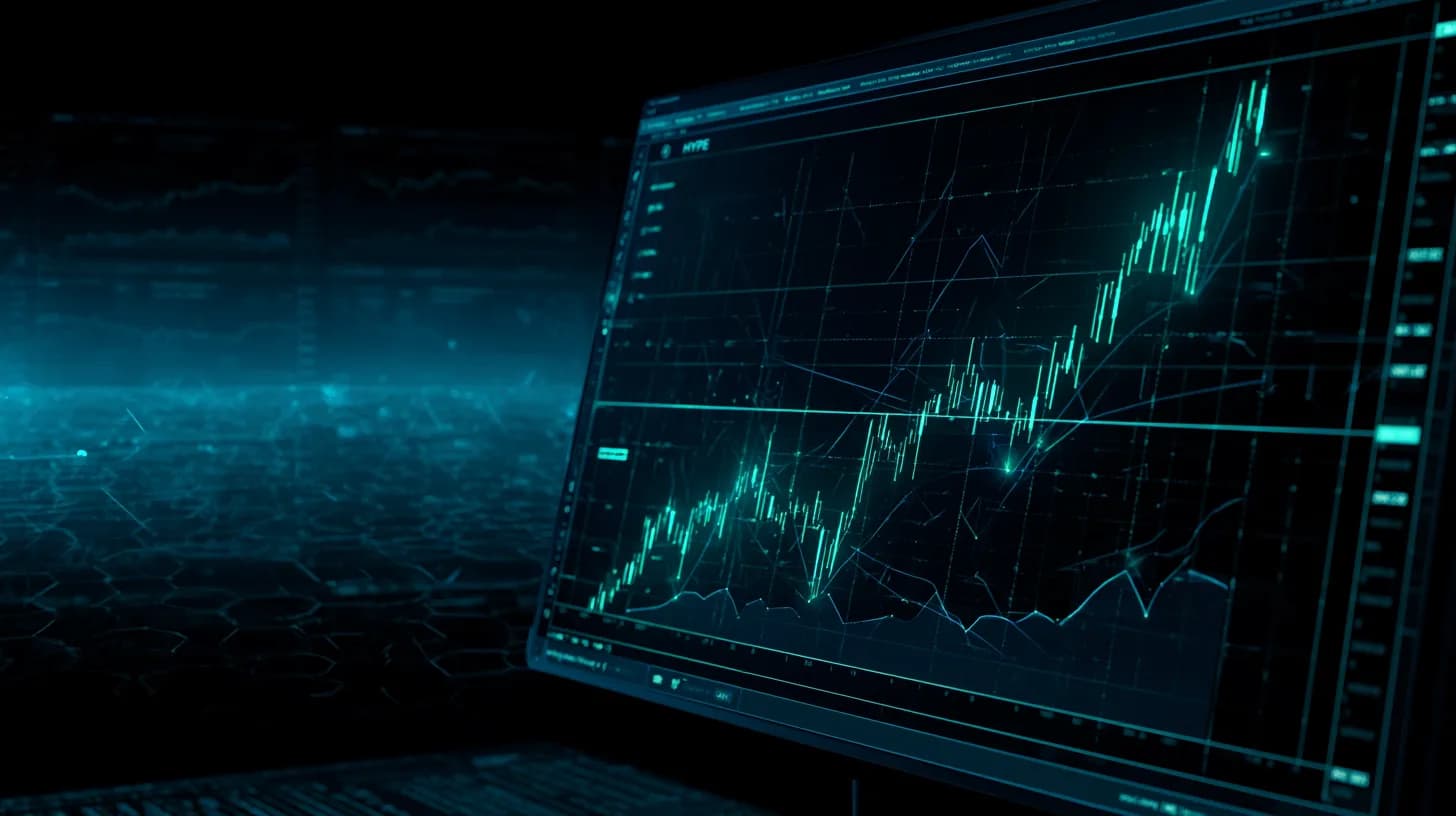 Rising green HYPE candlestick chart standing out against flat gray crypto market charts on a dark trading terminal