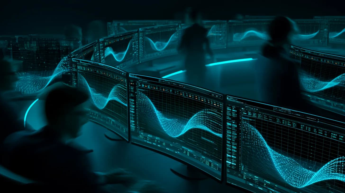 Institutional trading floor with FX options volatility surfaces displayed on curved ultrawide monitors at dusk