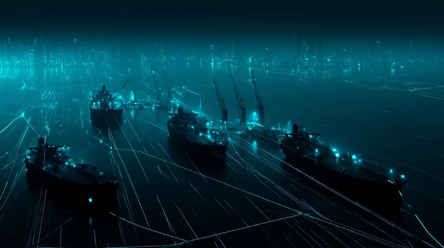 Aerial view of crude oil tankers under loading cranes at a Persian Gulf port at dusk with industrial skyline.