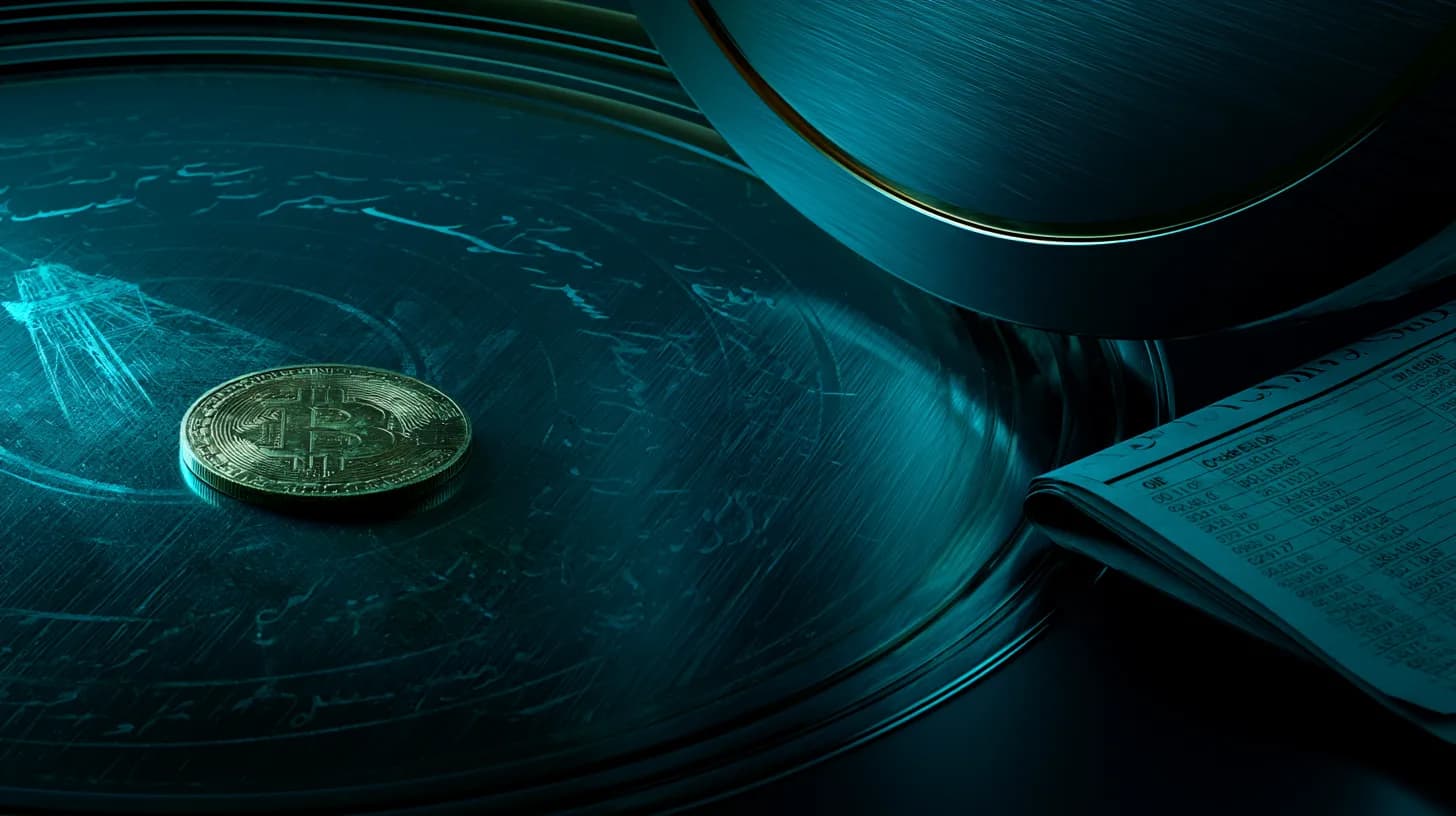 Bank vault door with a single Bitcoin coin resting on a newspaper showing crude oil prices