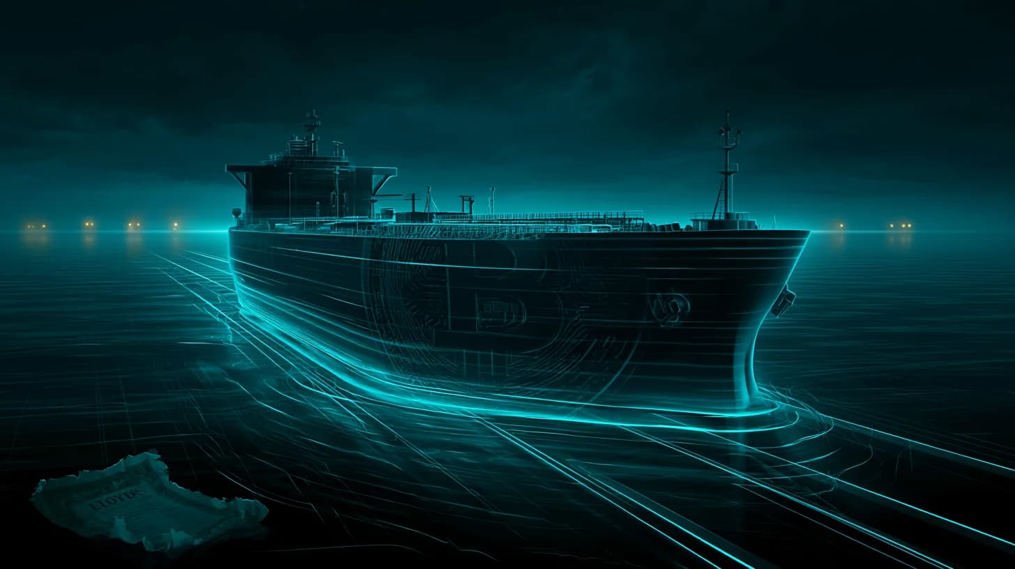 Oil tanker in the Strait of Hormuz with a brushed-steel Bitcoin insignia on its hull at dusk