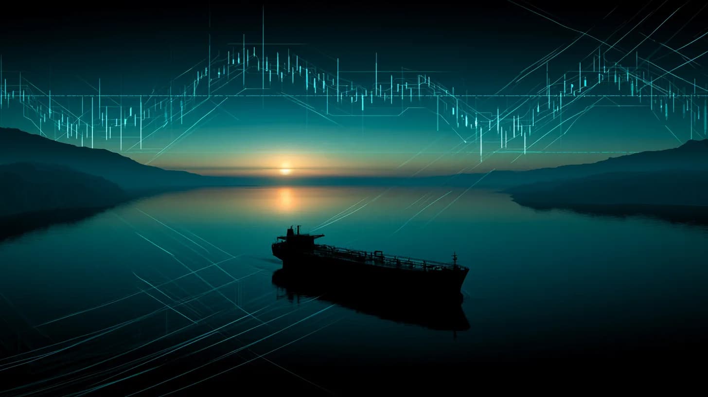 Oil tanker transiting the Strait of Hormuz at dusk with a faint Bitcoin chart overlay in the sky