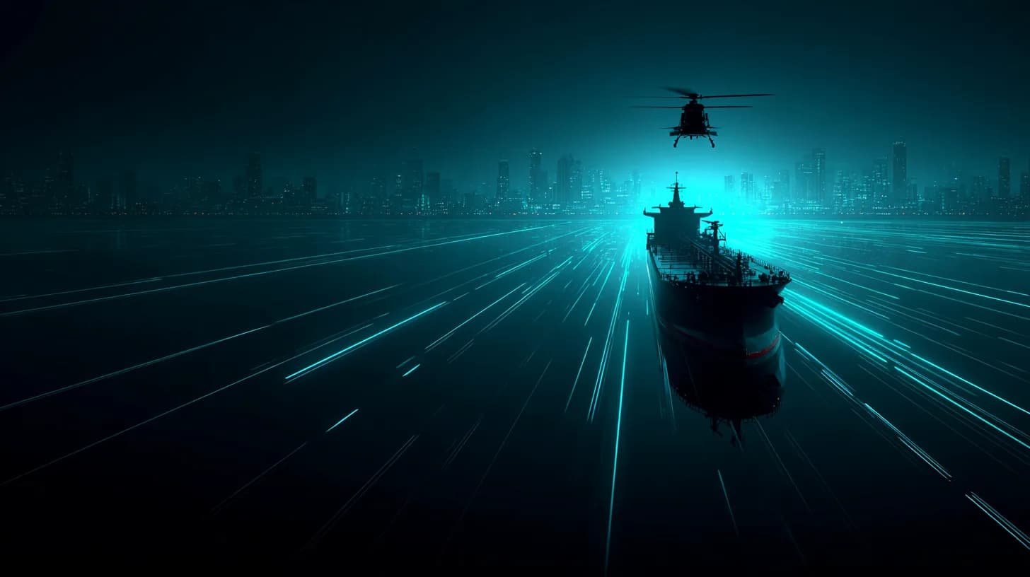 Oil tanker in the Strait of Hormuz at dawn with helicopter silhouette and Iranian coastline in the distance