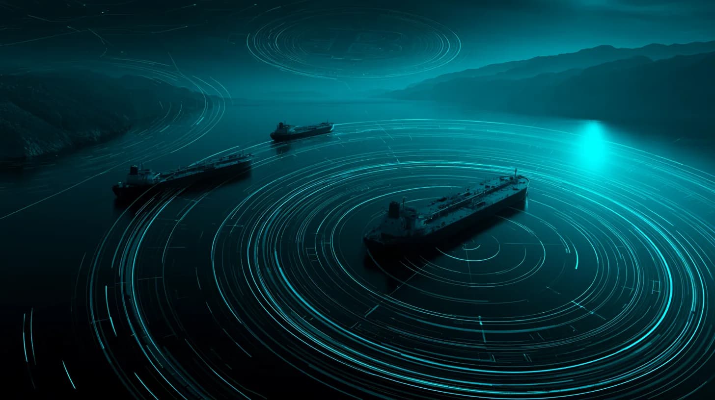 Aerial dusk view of oil tankers in the Strait of Hormuz with a subtle bitcoin emblem in the sky