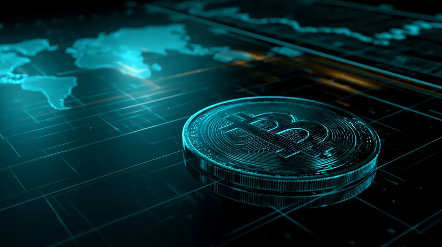 Bitcoin coin on a trading desk with blurred world map and oil chart in background