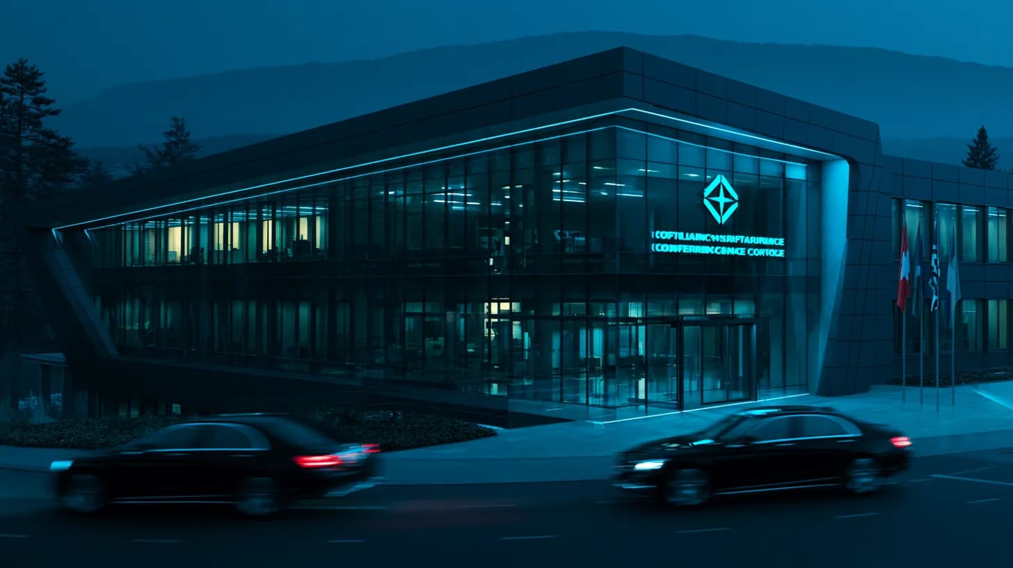 Modernist diplomatic conference building in Geneva at dusk with Swiss flags and arriving sedans