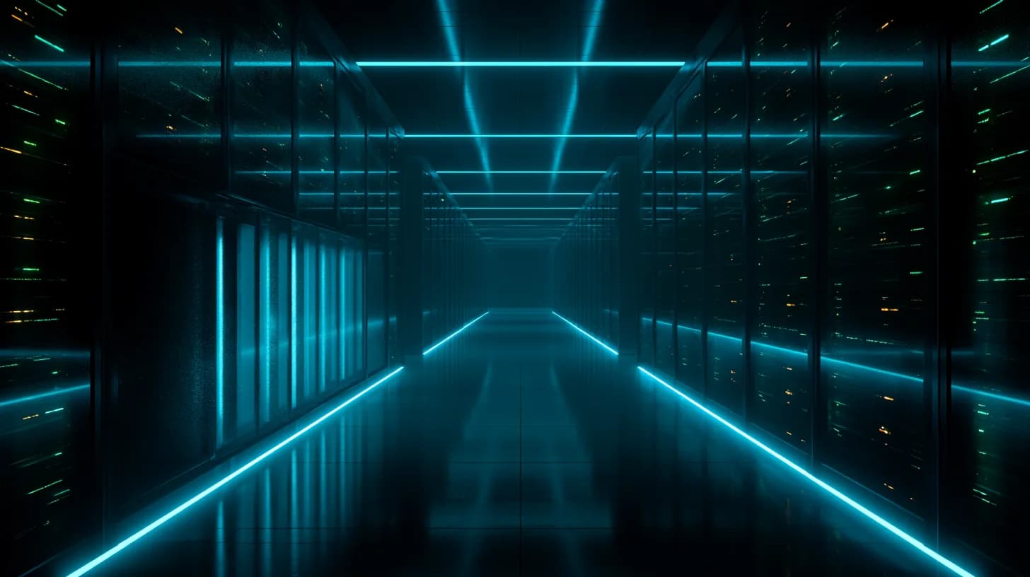 Modern AI data center hall with rows of GPU server racks glowing under cool linear lighting
