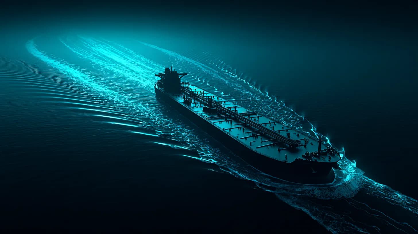 Crude oil supertanker transiting the Strait of Hormuz at dusk with an IRGC patrol vessel in the foreground