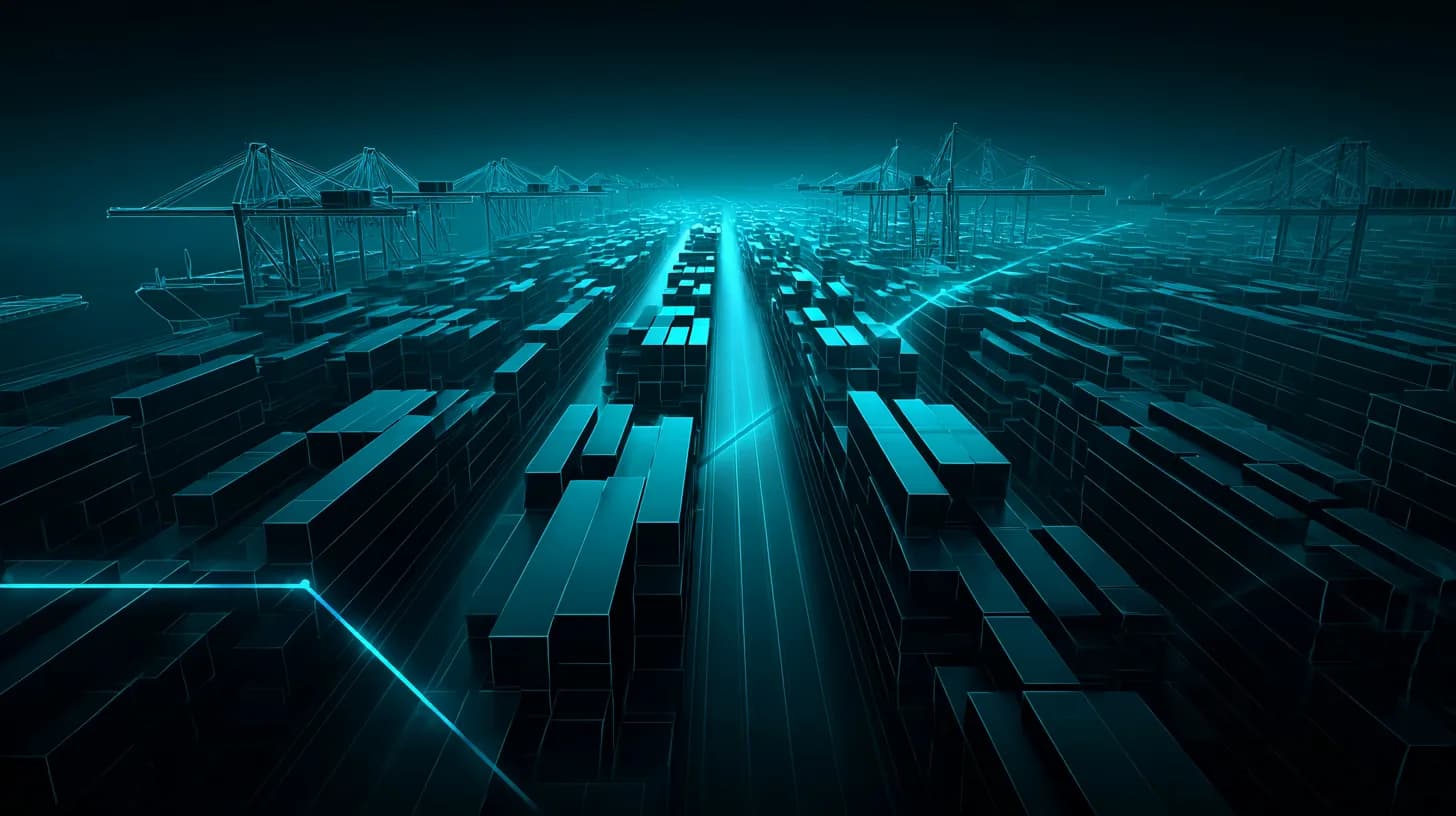 Aerial view of a Red Sea container port at golden hour with cranes, stacked containers, and offshore tankers