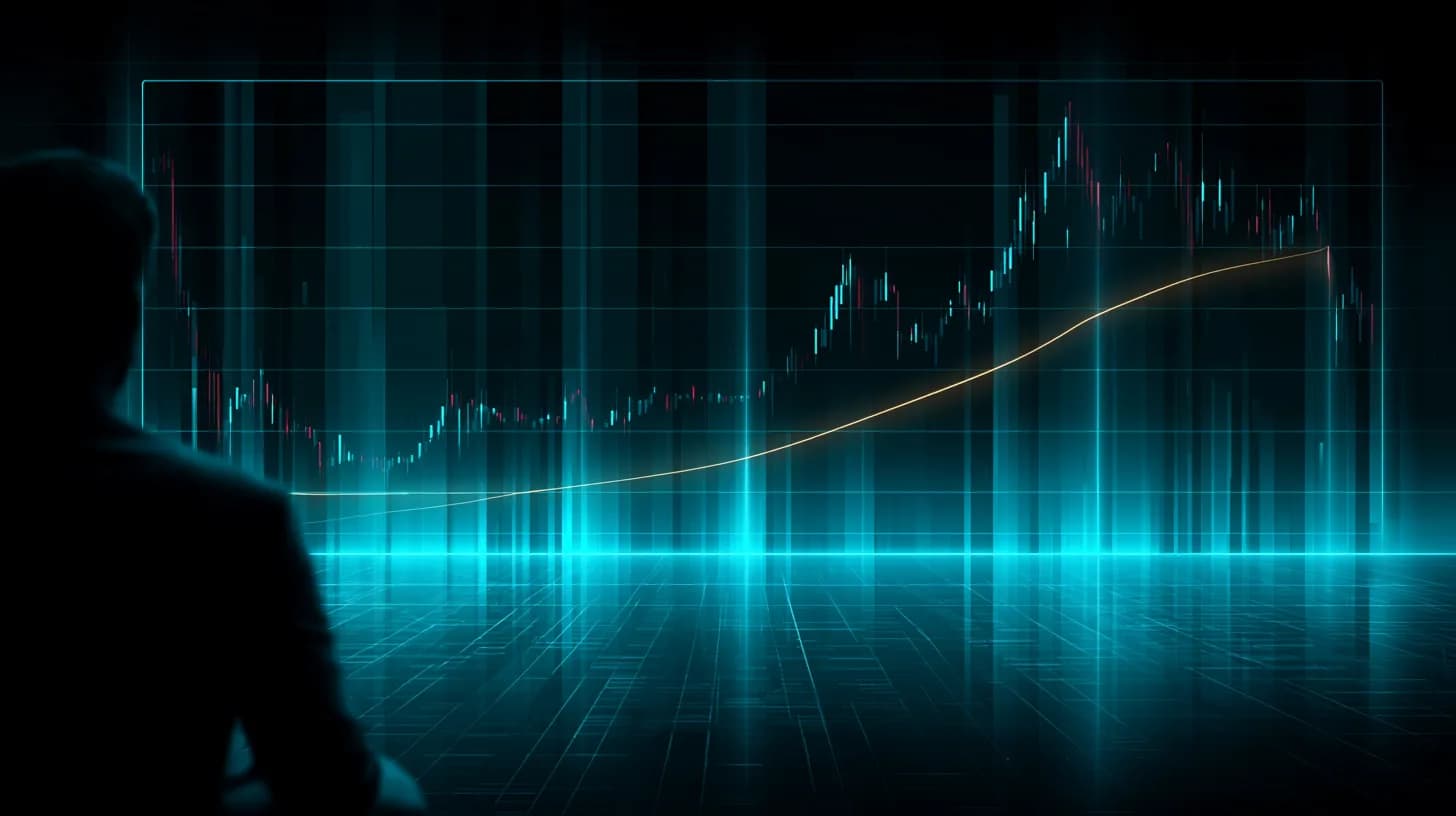 Analyst silhouette watching a Bitcoin weekly chart with the 200-week moving average highlighted on a trading-floor screen
