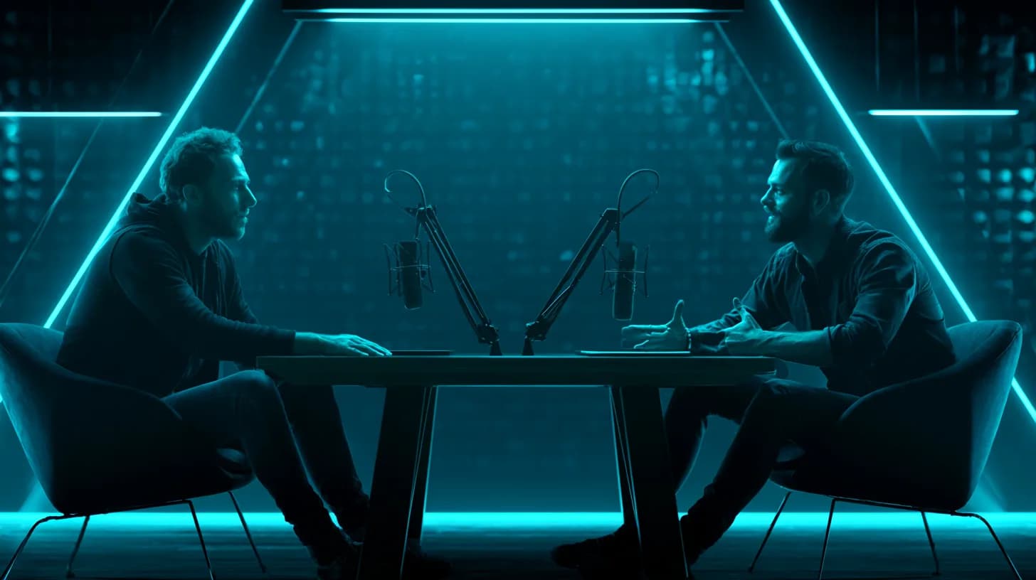 Two macro analysts in conversation across a podcast studio table with microphones, warm lighting