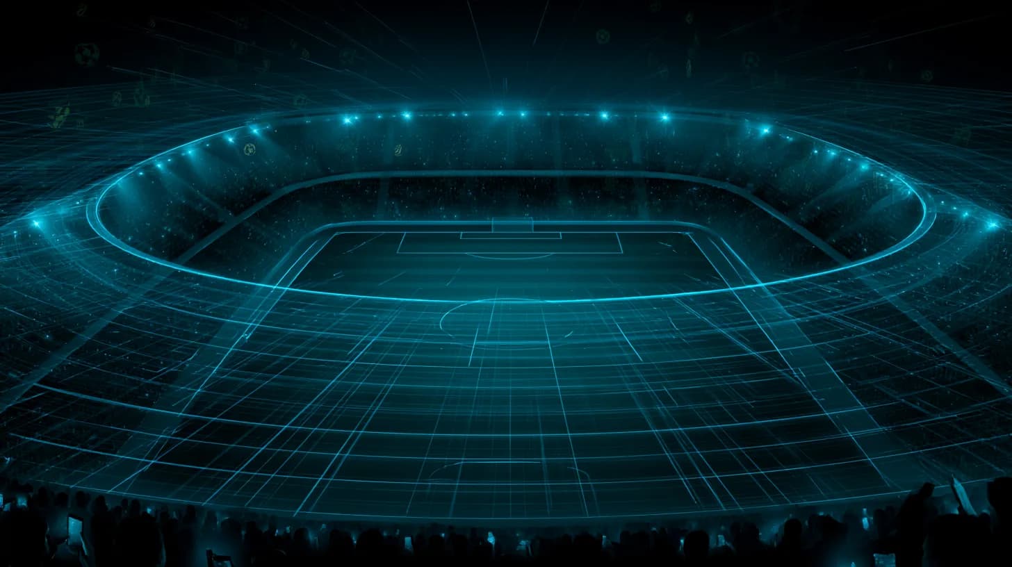 Night-time World Cup stadium with crowd holding lit phones and holographic football fan-token icons floating above the stands