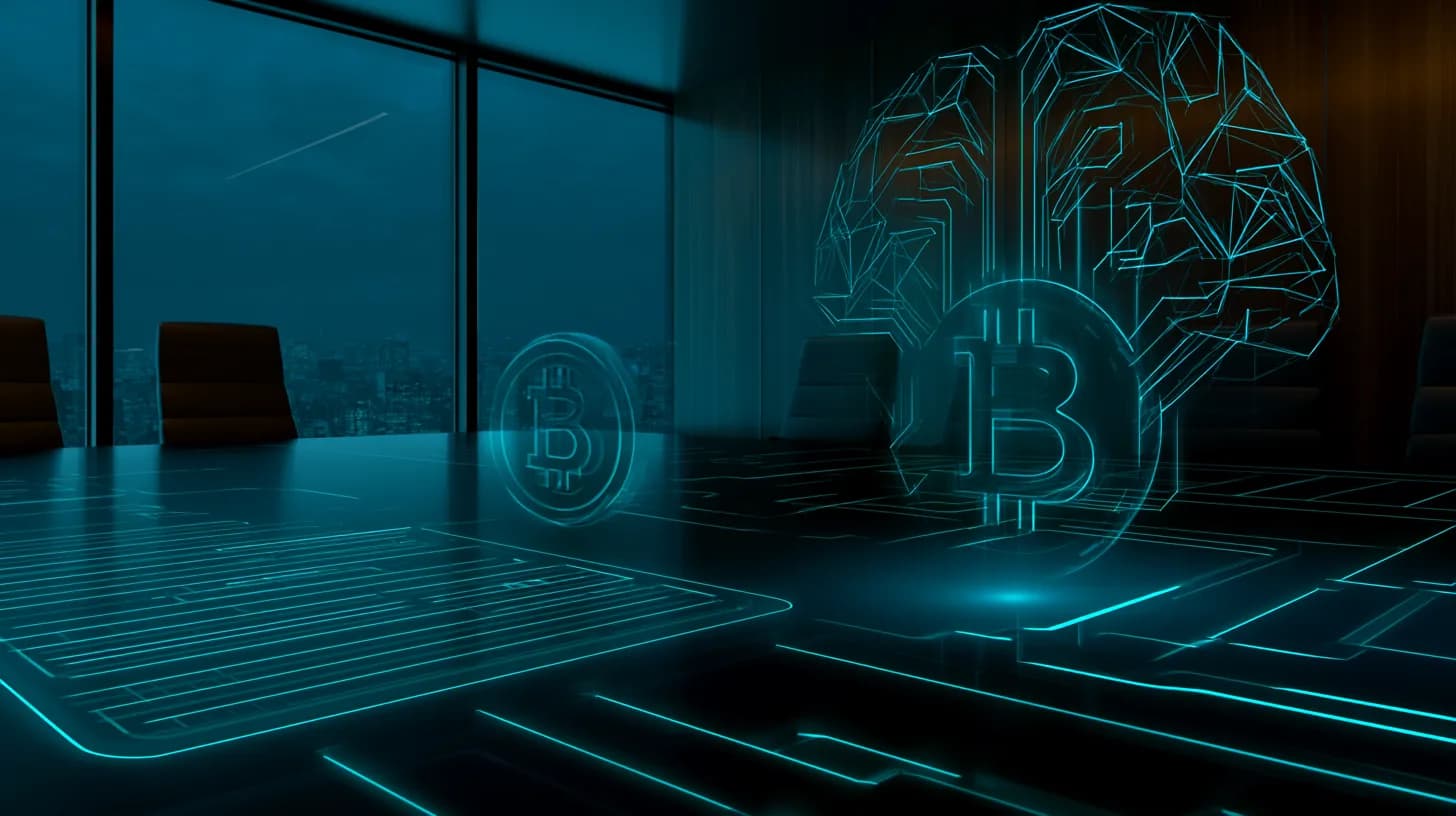 Boardroom scene with a faded bitcoin coin beside a glowing AI server and neural network graphic, signaling a corporate…