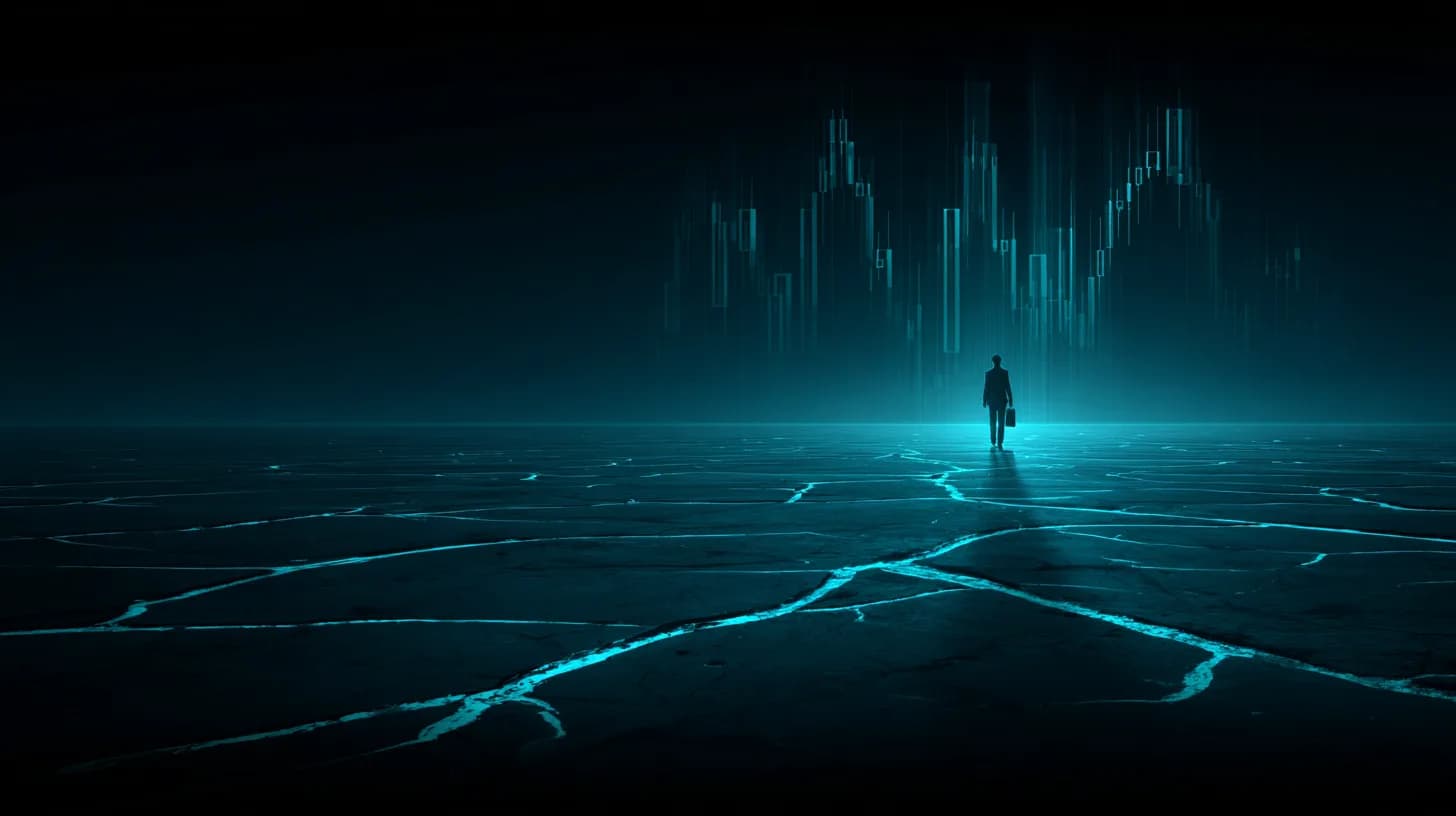 Suited figure with laptop walks across cracked desert under faint financial chart overlay at golden hour