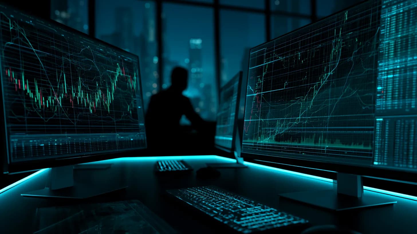 Manhattan trading desk at dusk with monitors showing perpetual futures order books and candlestick charts