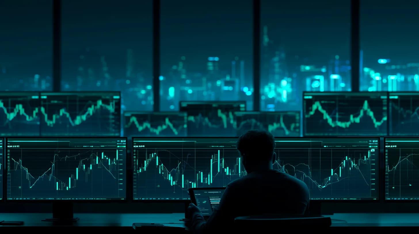 Seoul trading floor at dusk with KOSPI charts and a trader reviewing margin data on a tablet
