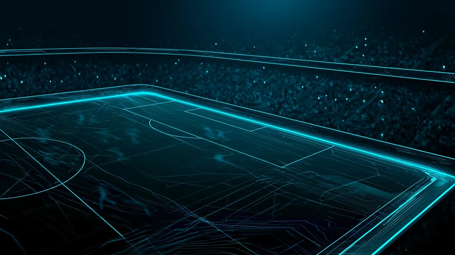 Floodlit World Cup 2026 stadium at night with glowing perimeter ad boards and players blurred mid-action