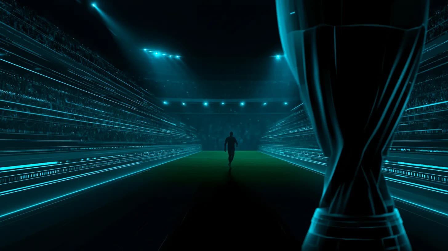 Player emerging from stadium tunnel into floodlit pitch with subtle blue digital overlay symbolizing crypto sponsorship