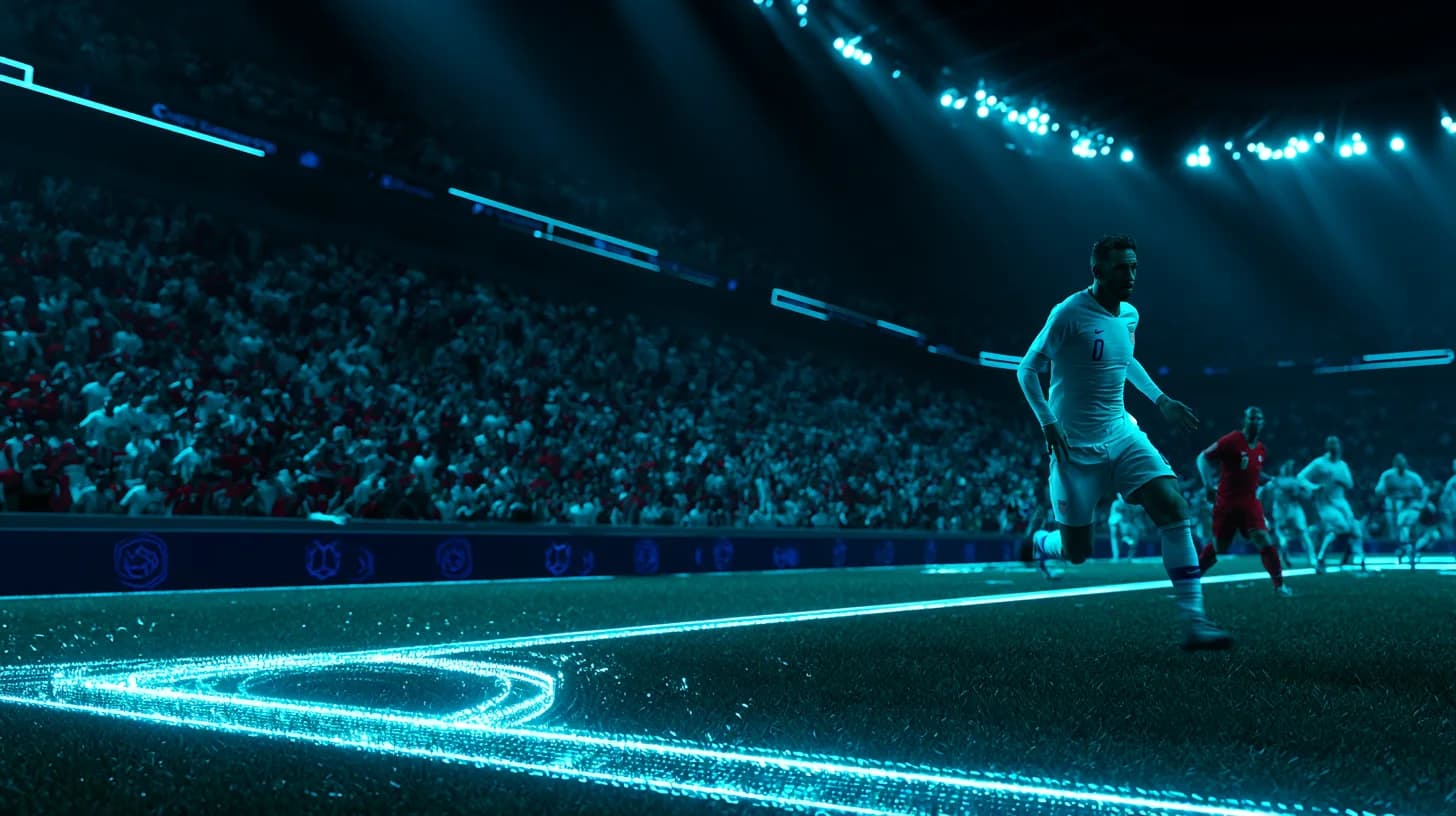 USMNT player mid-stride against Turkey at a packed World Cup stadium with pitch-side crypto exchange branding.