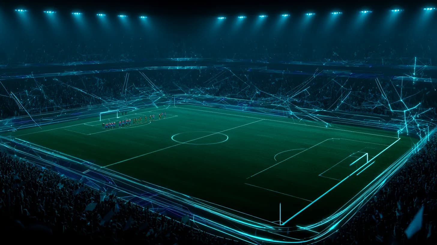 Packed football stadium at night with teams lined up and glowing crypto-exchange pitchside boards