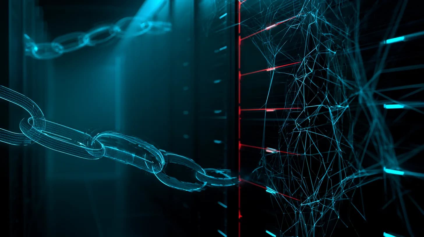Red-lit server rack with fracturing chain-link and neural network overlay symbolising LangChain exploit