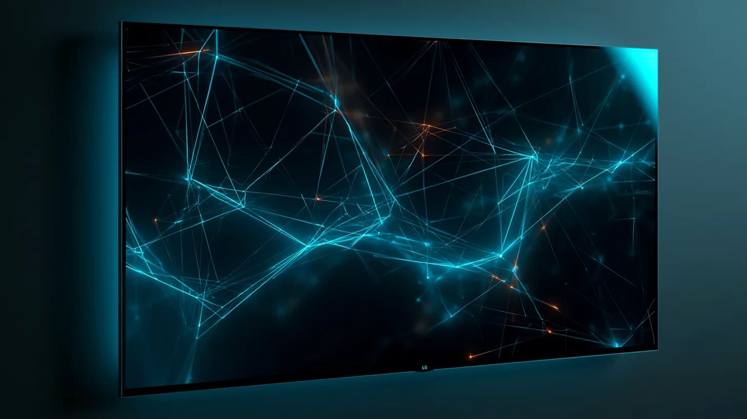 LG smart TV displaying blockchain network graphics with Arbitrum branding in editorial studio setting