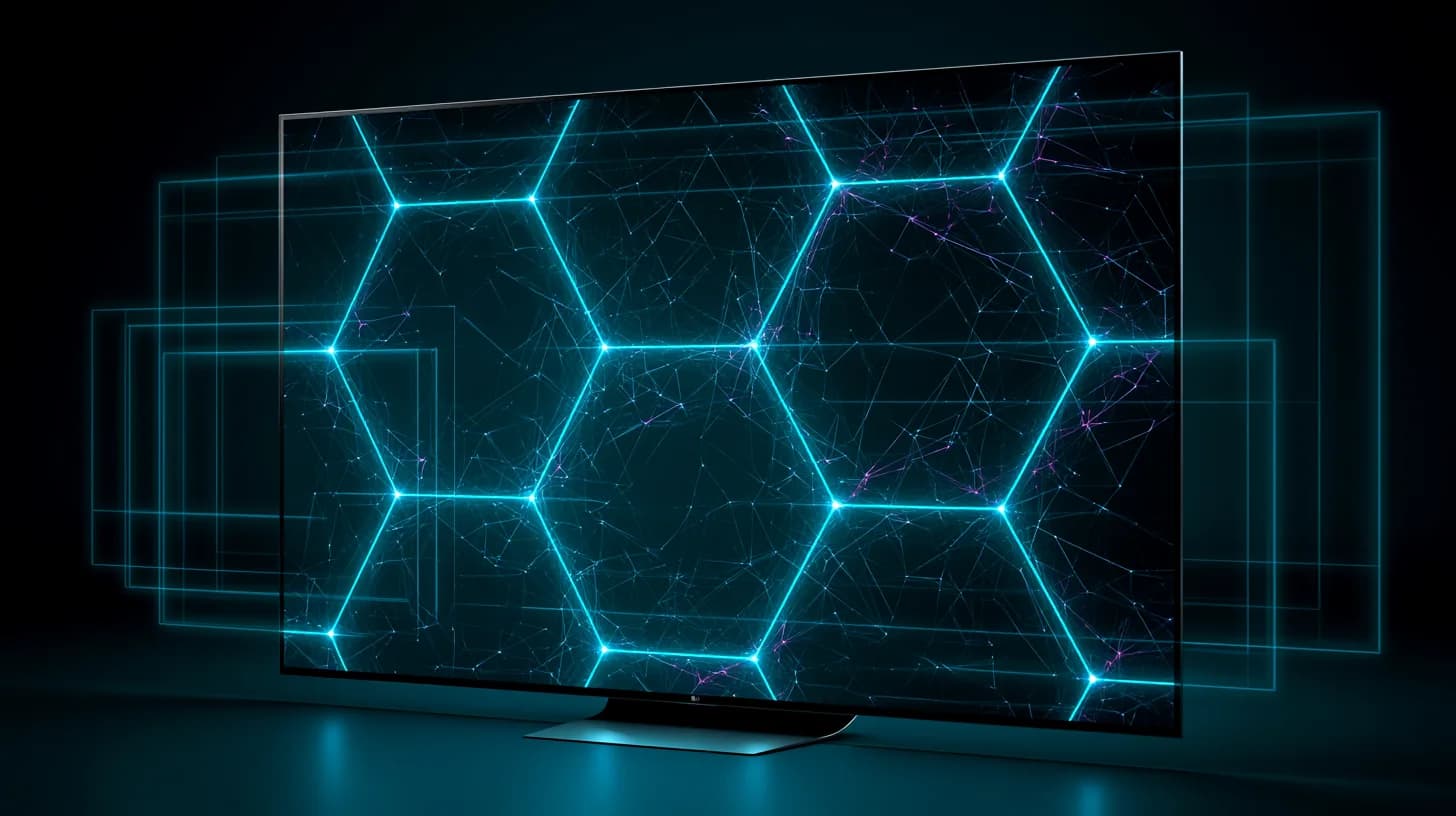 LG OLED television displaying an Arbitrum blockchain network visualization with advertising data nodes.