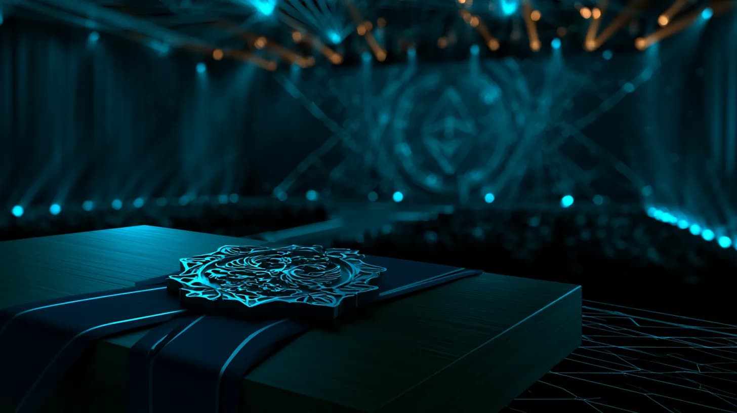 Ornate civic medal on navy ribbon resting on a lectern under stage lighting at an Ethereum conference