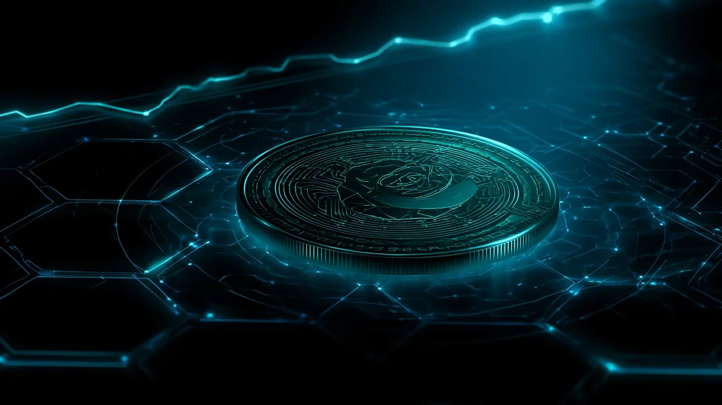 Green memecoin token on glowing Ethereum grid with rising presale progress bar in background