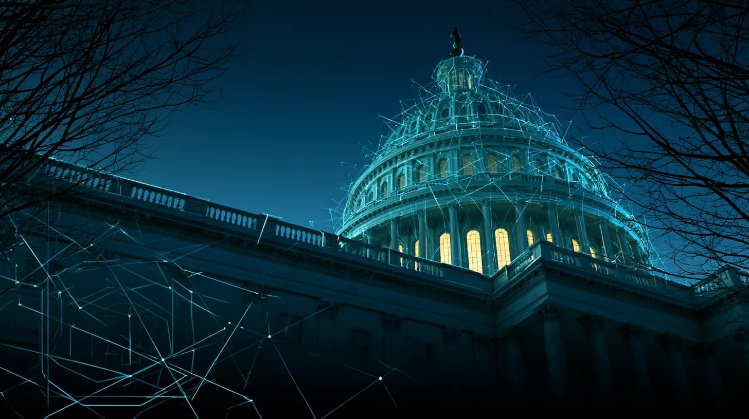 US Capitol dome at dusk with a subtle Bitcoin emblem etched on the facade, evoking Senate crypto policy